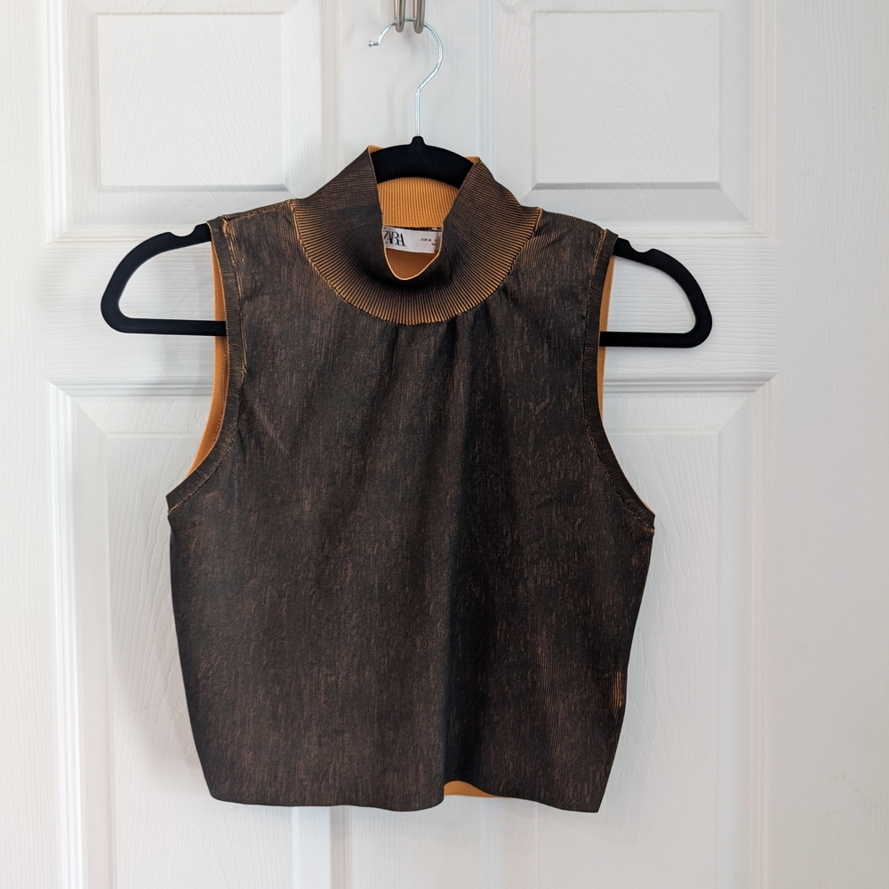 Zara Brown and Orange High Collar Top
